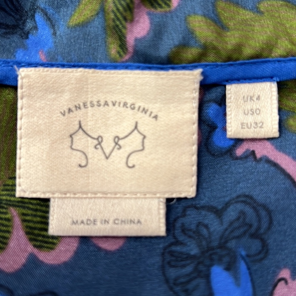 Vanessa Virginia Anthropologie Blue/Green Floral Print Peplum Blouse Size 0 - Picture 9 of 15